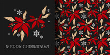 Christmas Holiday Season Banner Of Merry Christmas Text And Seamless Pattern Of Christmas Winter Poinsettia Flower Branches Decorative With Holly Berry Branch And Snowflakes On Black Background.