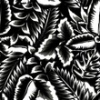 fashionable black and white tropical seamless pattern plants with palm leaf, monstera and banana leaves on night background. decorative vector design. jungle print. exotic summer