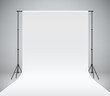 White photo studio backdrop, realistic vector illustration. Photography polyester background hanging on black stands. Professional photo shooting setup standing on a grey background.