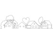 Horizontal Pattern with Houses, trees, Heart and empty space for text. One line drawing style. Vector illustration. Can be yoused as element for background, cover, banner, flyer, social media.