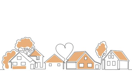 Horizontal Seamless Pattern with Houses, trees, Heart and empty space for text. One line drawing style. Vector illustration. Can be yoused as element for background, cover, banner, flyer, social media