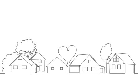 Horizontal Pattern with Houses, trees, Heart and empty space for text. One line drawing style. Vector illustration. Can be yoused as element for background, cover, banner, flyer, social media.