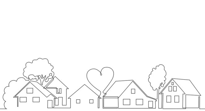 horizontal pattern with houses, trees, heart and empty space for text. one line drawing style. vecto