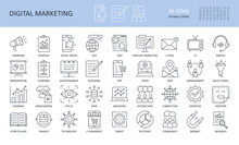 Digital Marketing Linear Icons. Editable Stroke. Campaign To Promote Focus Search Engine TV E-mail Management Planning Presentation. Social Media Advertisement Strategy Typescript Service Merchandise