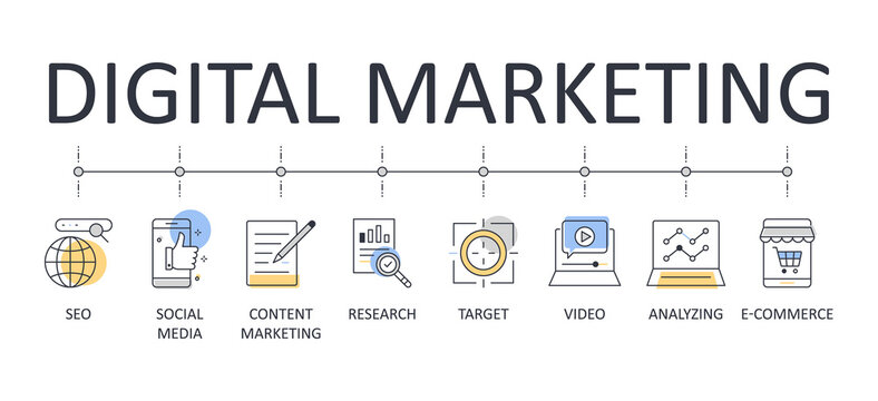 Digital marketing banner infographics. Editable stroke linear icons. Campaign advertisement search engine TV email management planning presentation. Social media merchandise strategy typescript servic