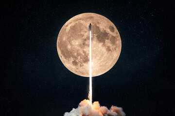 successful rocket launch into space on the background of a full moon with craters and stars. spacesh