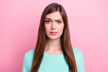 Sticker - Photo of unsure pretty young lady wear teal t-shirt looking you isolated pink color background