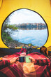 romantic time in tent with autumn view