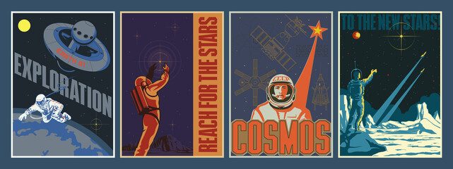 Wall Mural - retro soviet space propaganda poster style illustrations, cosmonauts, satellites, spaceship