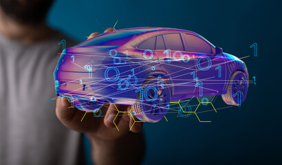 Poster - Electric car icon from lines, triangles and particle style