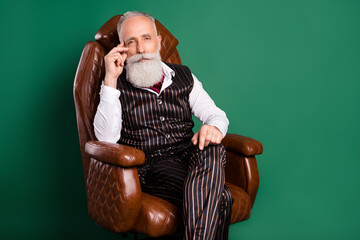 Sticker - Photo of experienced bearded english aristocrat sit armchair relax wear striped suit on green color background