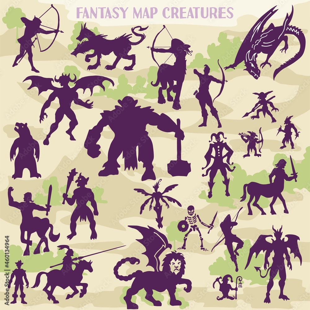 Fantasy and mythological monster creatures in silhouette illustrations for dungeon map builders 1