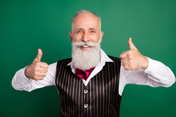 Sticker - Photo of positive well-dressed man raise thumbs up wear formalwear striped waistcoat on green color background