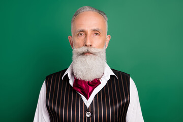 Sticker - Photo of aged handsome man serious confident classy outfit rich isolated over green color background