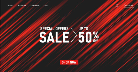 Wall Mural - Sale web banner with abstract backdrop of red stripes creating texture in dark space