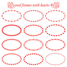 Set Of Modern Vector Oval Frames With Red Hearts Isolated On White Background 4