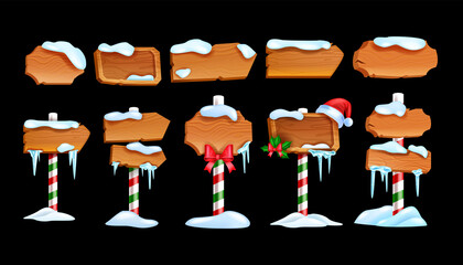 winter wooden sign board set, vector christmas season cartoon vintage banner kit, plywood road panel