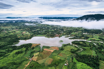 Wall Mural - Agricultural field with foggy and pond in countryside