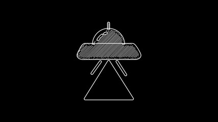 Poster - White line UFO flying spaceship icon isolated on black background. Flying saucer. Alien space ship. Futuristic unknown flying object. 4K Video motion graphic animation