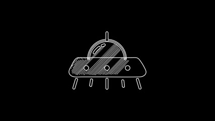 Poster - White line UFO flying spaceship icon isolated on black background. Flying saucer. Alien space ship. Futuristic unknown flying object. 4K Video motion graphic animation