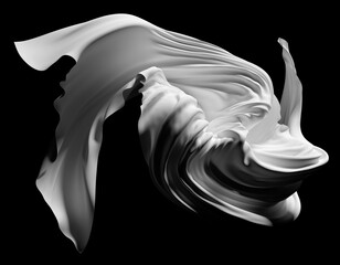 3d render of black and white abstract art with flying silk textile drapery or scarf in curve wavy spiral lines forms on isolated black background