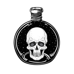 Canvas Print - Magic potion, black bottle with moon and stars inside. Vector illustration isolated on white. Spirituality, occultism, chemistry, magic tatto