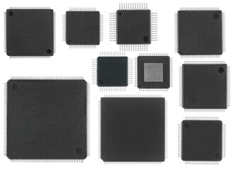 Poster - Microcircuits with legs on the sides, processors, electronic components, on a white background isolated