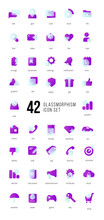 A Set Of Purple Vector Icons Of Modern Trend In The Style Of Glass Morphism With Gradient, Blur And Transparency. The Collection Includes 42 Icons In A Single Style Of Business, Finance, UX UI