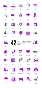 A set of purple vector icons of modern trend in the style of glass morphism with gradient, blur and transparency. The collection includes 42 icons in a single style of business, finance, UX UI