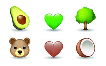 6 Emoticon Isolated On White Background. Isolated Vector Illustration. Avocado, Tree, Bear, Brown And Green Heart, Coconut Vector Emoji Illustration. 3d Illustration Set.
