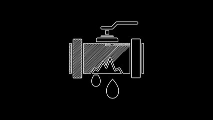 Sticker - White line Broken metal pipe with leaking water icon isolated on black background. 4K Video motion graphic animation