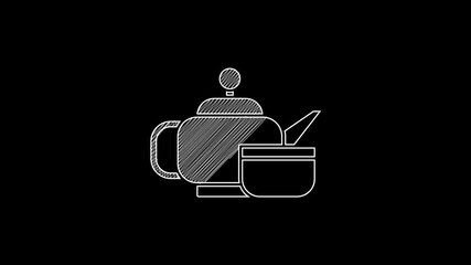 Sticker - White line Traditional Japanese tea ceremony icon isolated on black background. Teapot with cup. 4K Video motion graphic animation