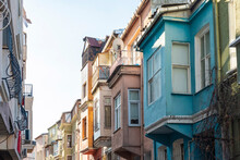 Turkey, Istanbul, Bay Windows Of Colorful Houses In Balat District