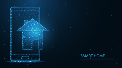 Wall Mural - Smart home with mobile phone line connection. Low poly wireframe design. Abstract geometric background. vector illustration.