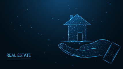 Sticker - Real estate. Giving hand with a country house icon. line connection. Low poly wireframe design. Abstract geometric background. vector illustration.