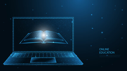 Online Education. E-Learning. Open book with laptop line connection. Low poly wireframe design. Abstract geometric background. vector illustration.