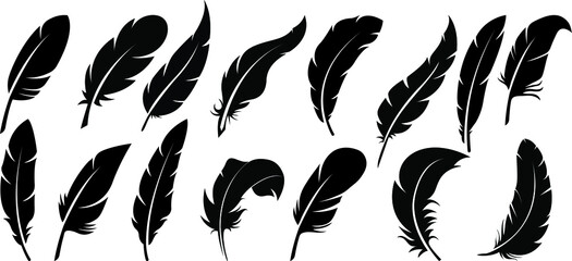 Feathers retro icon set. fluffy soft bird plumage Feathers. Pen icons design. Big set of bird feathers