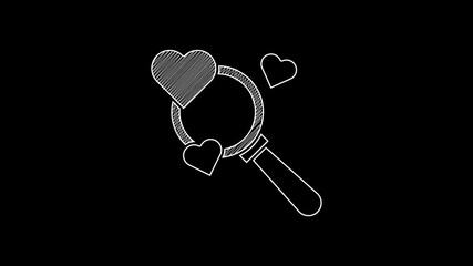 Poster - White line Search heart and love icon isolated on black background. Magnifying glass with heart inside. 4K Video motion graphic animation