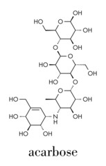 Sticker - Acarbose diabetes drug molecule. Blocks carbohydrate digestion by inhibiting alpha-glucosidase enzymes. Skeletal formula.