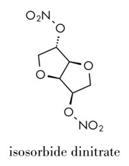 Poster - Isosorbide dinitrate (ISDN) vasodilator drug molecule. Used in treatment of heart related chest pain. Skeletal formula.