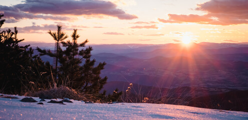 Wall Mural - Winter landscape in the Kopaonik National Park, Serbia. Dry grass on a thawed patch in the foreground. The sun illuminates the Kopaonik valley before sunset. Spring is coming