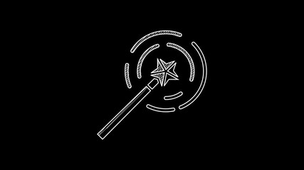 Sticker - White line Magic wand icon isolated on black background. Star shape magic accessory. Magical power. 4K Video motion graphic animation