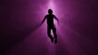 Person floating in fog , mist. Astral plane. Soldier floats in ethereal realm. Silhouette of man in Volumetric light rays.  Alien abduction , abductee . 3d render illustration