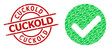 Red round badge contains Cuckold text inside circle. Vector yes mark mosaic is composed from scattered recursive yes mark icons. Textured Cuckold imprint, and yes mark icon fractal mosaic.
