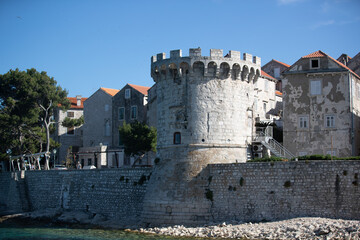 Sticker - Beautiful view of the abandoned castle near the other houses in Croatia, Dalmatien, Korcula,