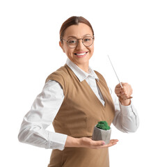 Wall Mural - Portrait of female teacher with moss on white background