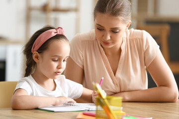 Poster - Little girl with her mother doing lessons at home