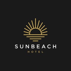 Sticker - elegant hipster gold sun sunset sunrise with beach ocean sea water logo icon vector in trendy line linear,  outline logo vector for hotel 