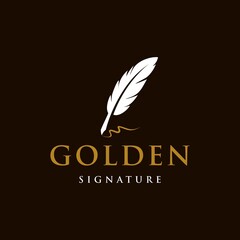 author signature logo, feather quill pen with golden ink logo , vintage Fountain pen logo with gold ink icon, luxury elegant classic stationery illustration isolated on white background