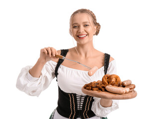 Beautiful woman in traditional German costume and with snacks on white background